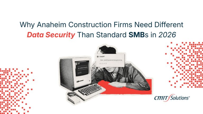Infographic-style hero with the article title about data security for construction firms and a retro computer illustration, CMIT Solutions branding in the corner.