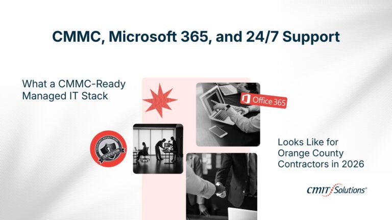 Hero slide advertising CMMC, Microsoft 365, and 24/7 support with a collage of IT imagery and organizational logos.
