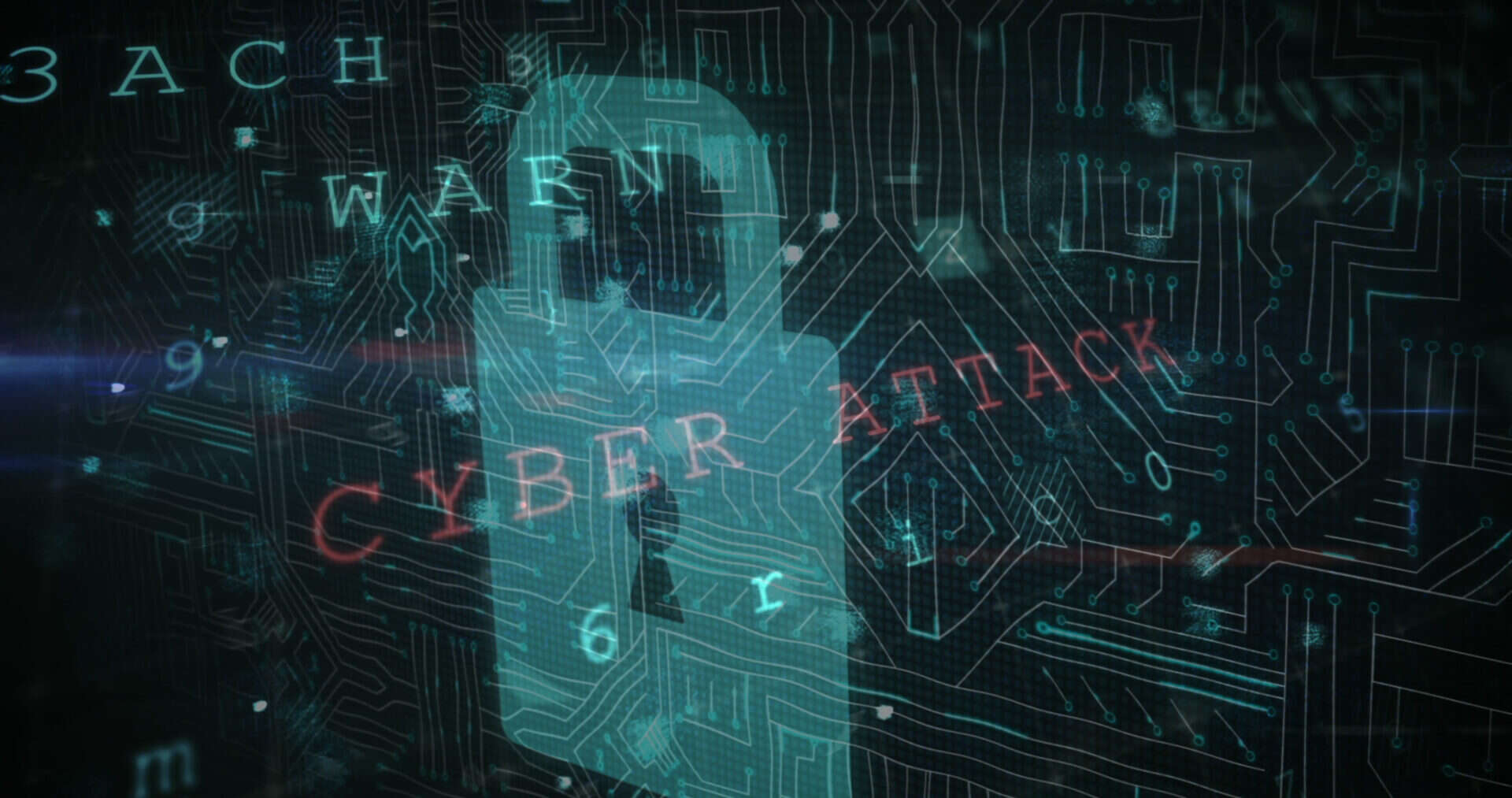 Green circuitry and code overlaid with a lock with the words “cyber attack” overlaid in red.