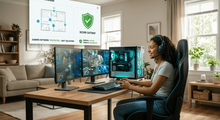 Woman in a gaming chair uses a three-monitor setup and headset in a bright living room, with a security dashboard displayed on a wall screen above the desk.