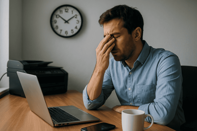 Tired man at a desk with a laptop, hand over his face, as a clock hangs on the wall behind him.