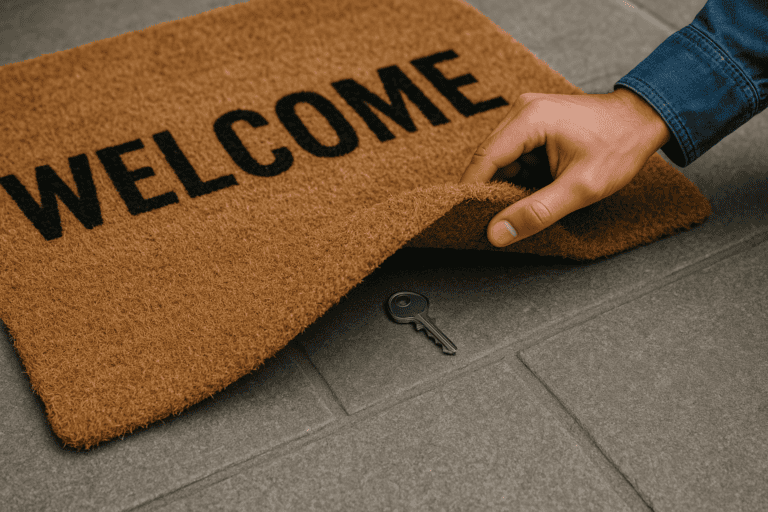 Hand lifting a brown welcome mat on a concrete doorstep to reveal a key underneath.