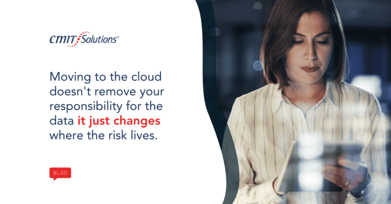 Blog hero: professional woman in a striped shirt using a tablet, with the CMIT Solutions logo and the headline about cloud data risk on the left side of the image.