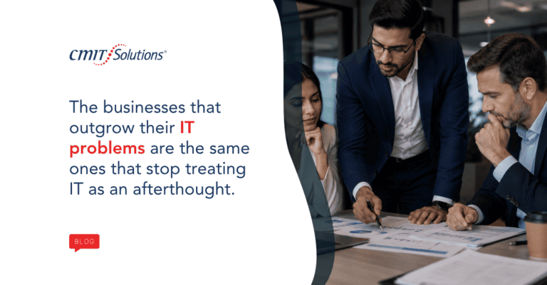 CMIT Solutions branding with a business quote; three professionals review charts at a desk on the right side.