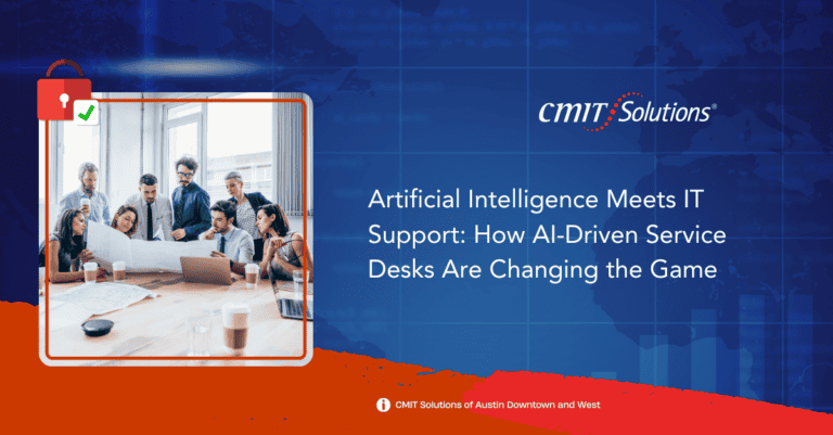 Group of professionals around a conference table looking at documents and a laptop, with a blue world-map backdrop and CMIT Solutions branding.