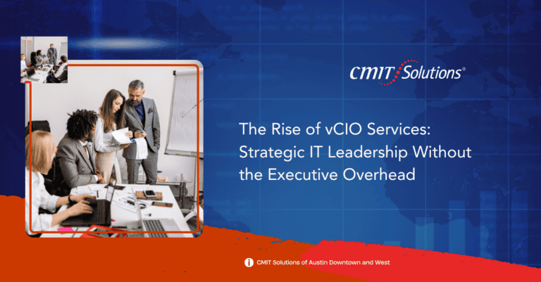 Cover slide for a CMIT Solutions briefing: a team meeting image with a presenter, title about vCIO services against a blue world map background.