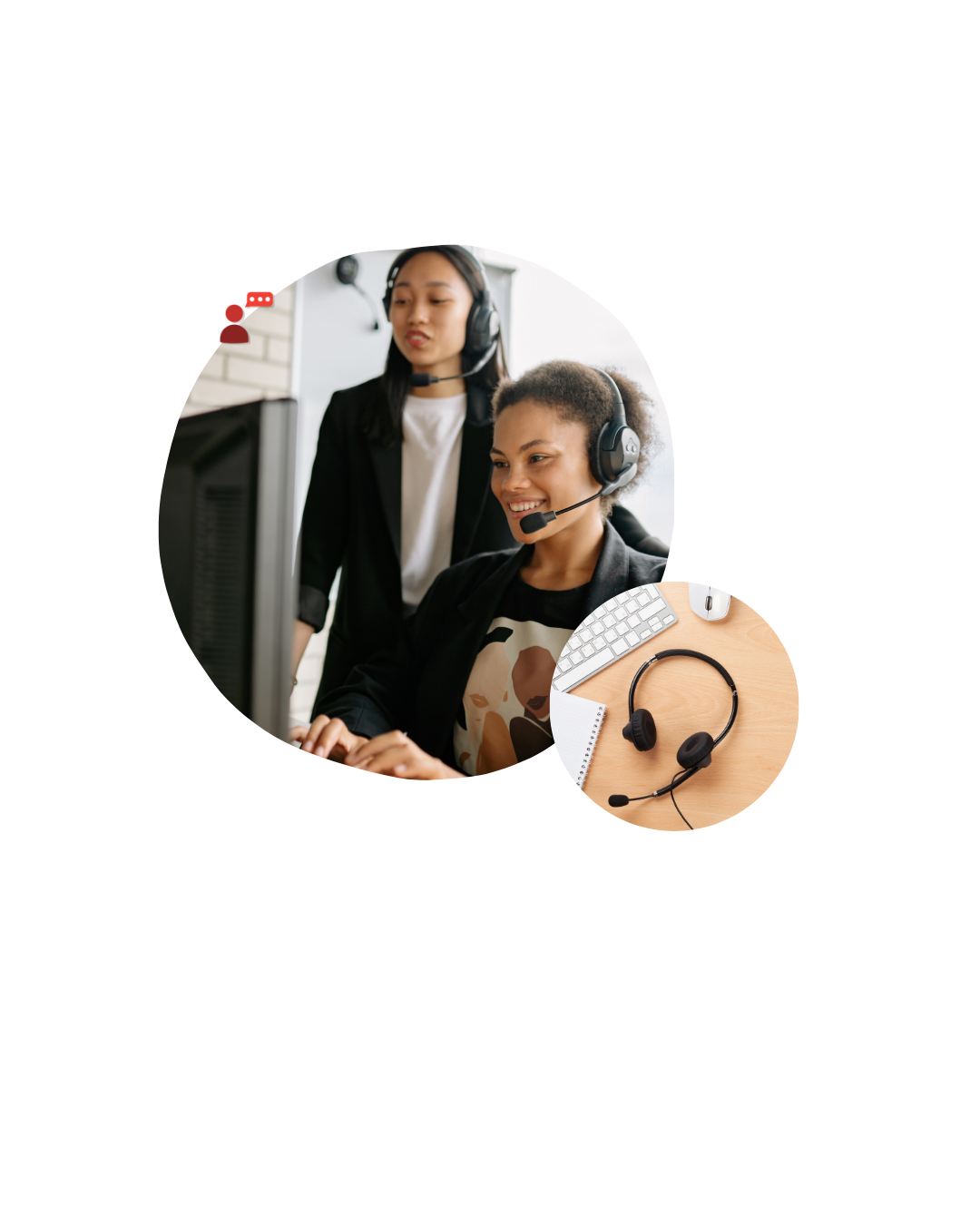 Two smiling customer-support agents wearing headsets work at a computer, with circular overlay graphics suggesting communication.