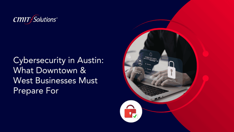 Hero banner: dark blue background with the Austin cybersecurity article title; circular red graphic shows a laptop with cyber security icons, plus a padlock with a checkmark icon.