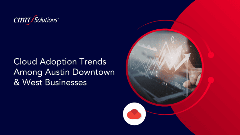 CMIT Solutions banner with bold title about cloud adoption trends for Austin Downtown & West Businesses; right side shows a circular red graphic enclosing a hands-on data chart.