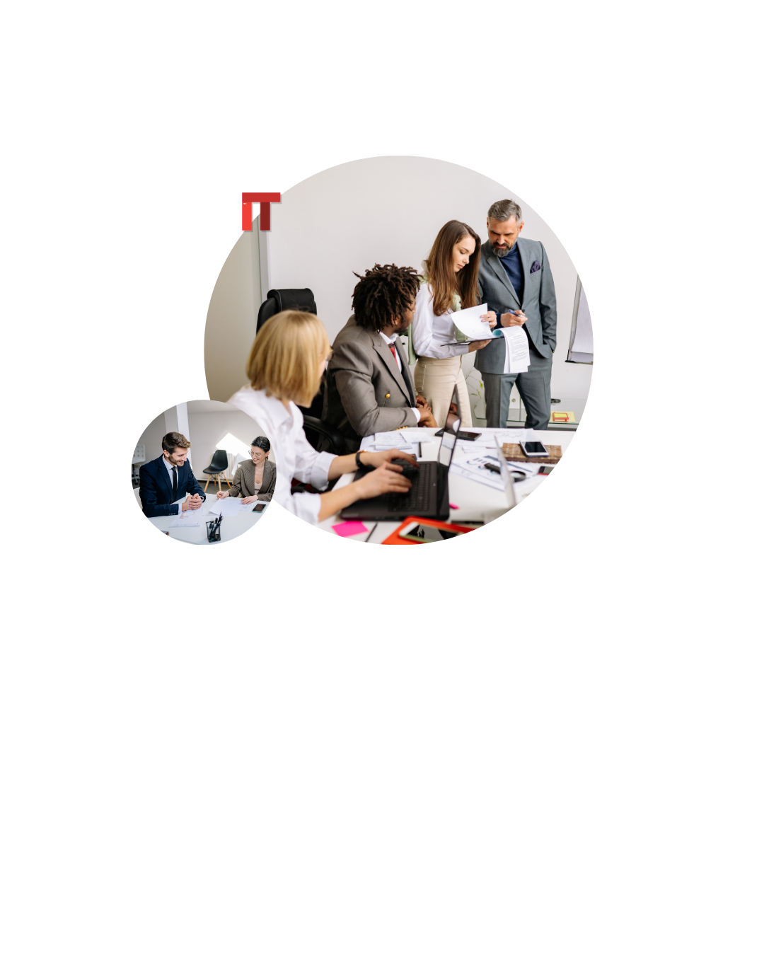 Team of professionals in a meeting around a desk, reviewing documents as a presenter explains a chart or papers.