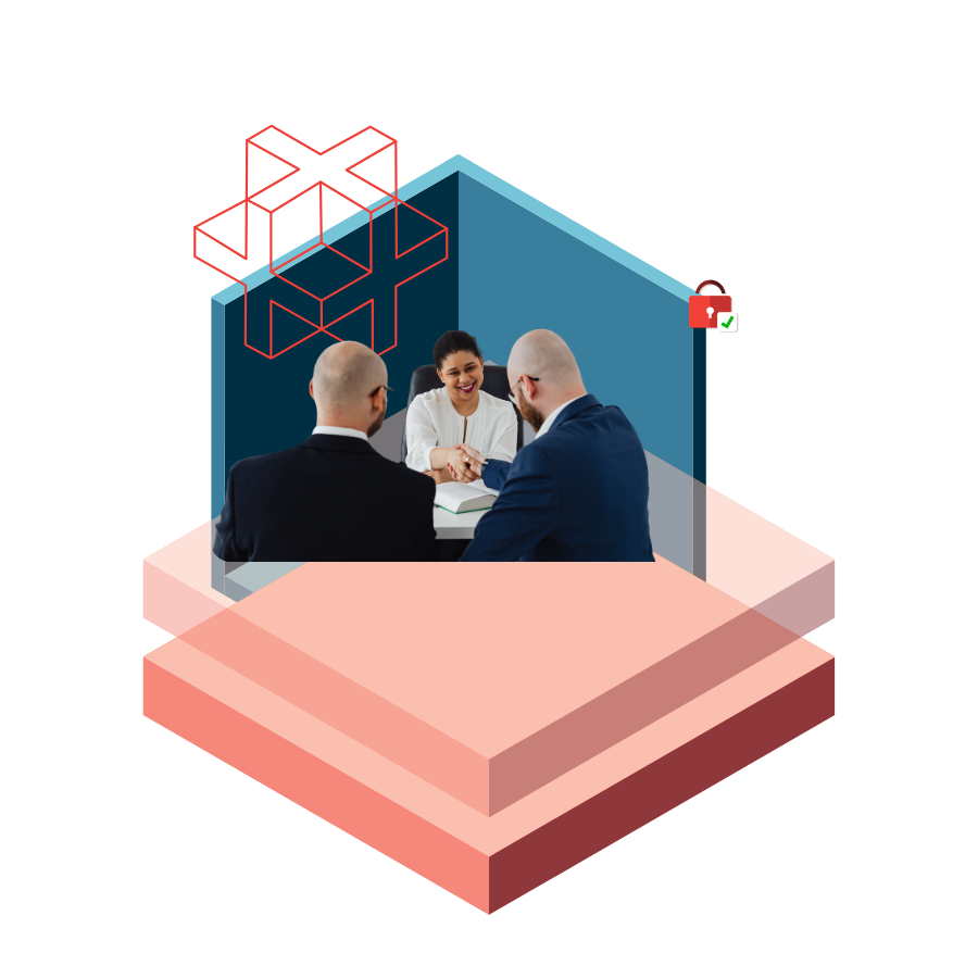 Isometric illustration of a business meeting inside a glass room atop layered pink platforms, with a padlock and security checkmark nearby (secure collaboration).