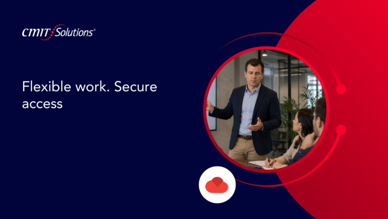 Banner image for CMIT Solutions: man in a blazer presenting to colleagues in a circular photo on the right, with the headline 'Flexible work. Secure access' on a navy background on the left.