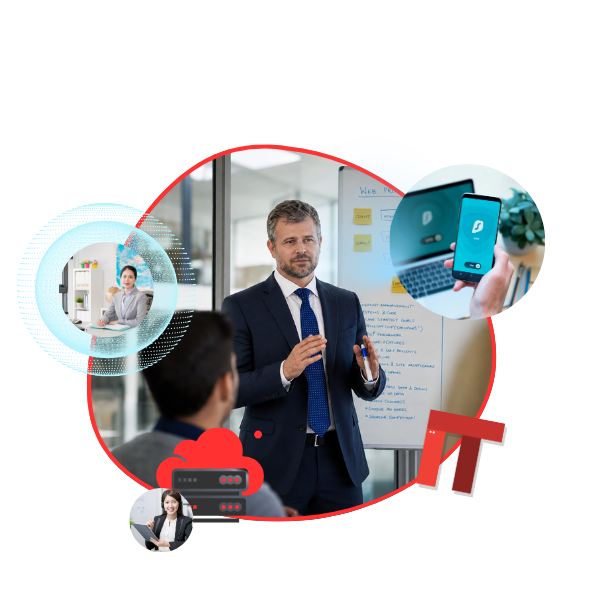Businessman in suit presenting to a group with a whiteboard and digital icons around, including IT and cloud graphics.