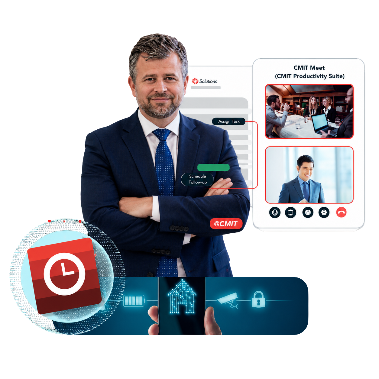 Professional in a suit with arms crossed beside digital productivity panels showing tasks, scheduling, and video meeting icons.