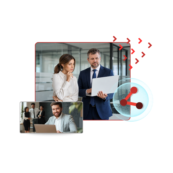 Two professionals review a document on a tablet while a colleague uses a laptop; a stylized share/network graphic sits nearby, signaling collaboration and data sharing.