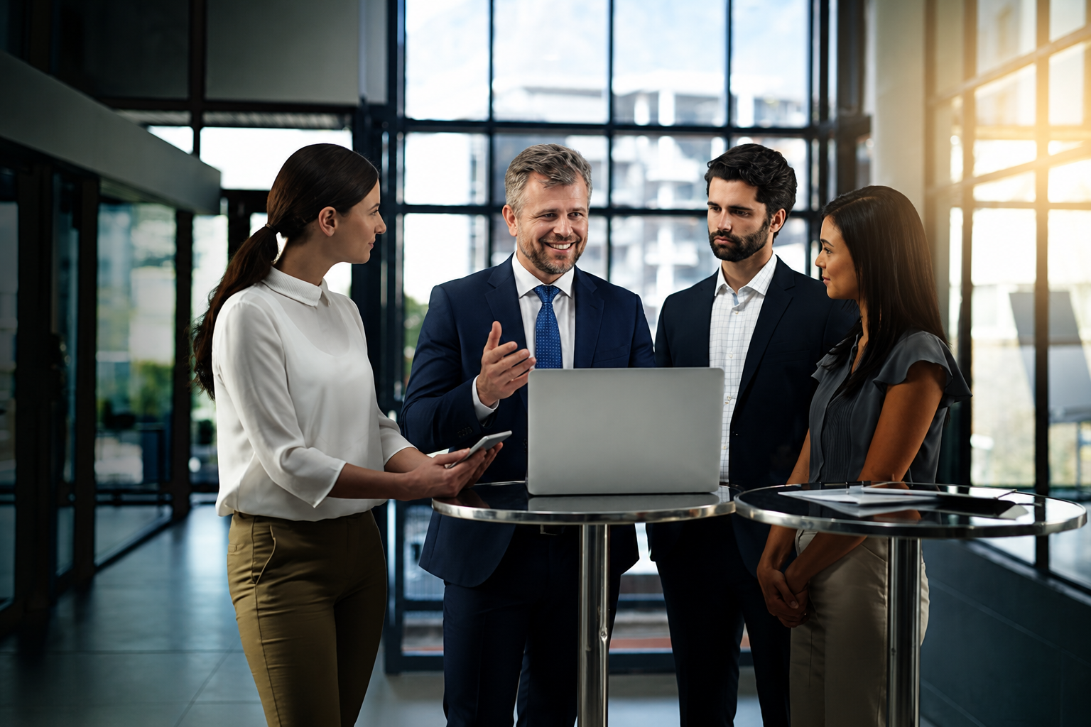 Four professionals in business attire stand around a round table with a laptop, collaborating in a bright office.