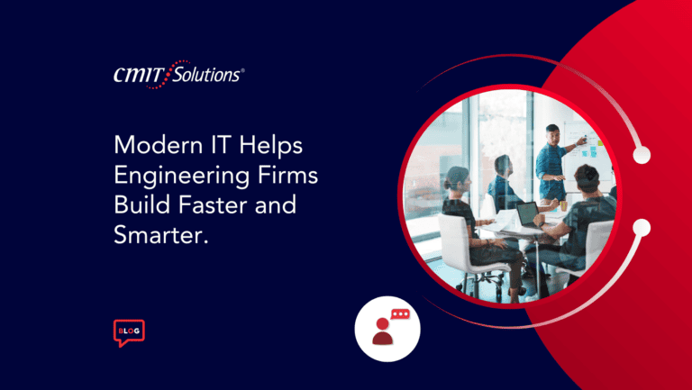 CMIT Solutions hero banner showing a team meeting in a glass-walled conference room beside the headline, on a dark blue background with red circular accents.