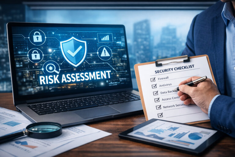 Laptop screen shows a 'Risk Assessment' graphic with a shield icon; a clipboard holds a Security Checklist beside documents and a tablet with charts in the foreground.
