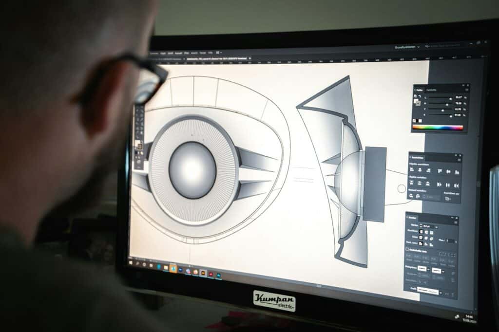 Engineer reviewing a 3D CAD design on a computer monitor