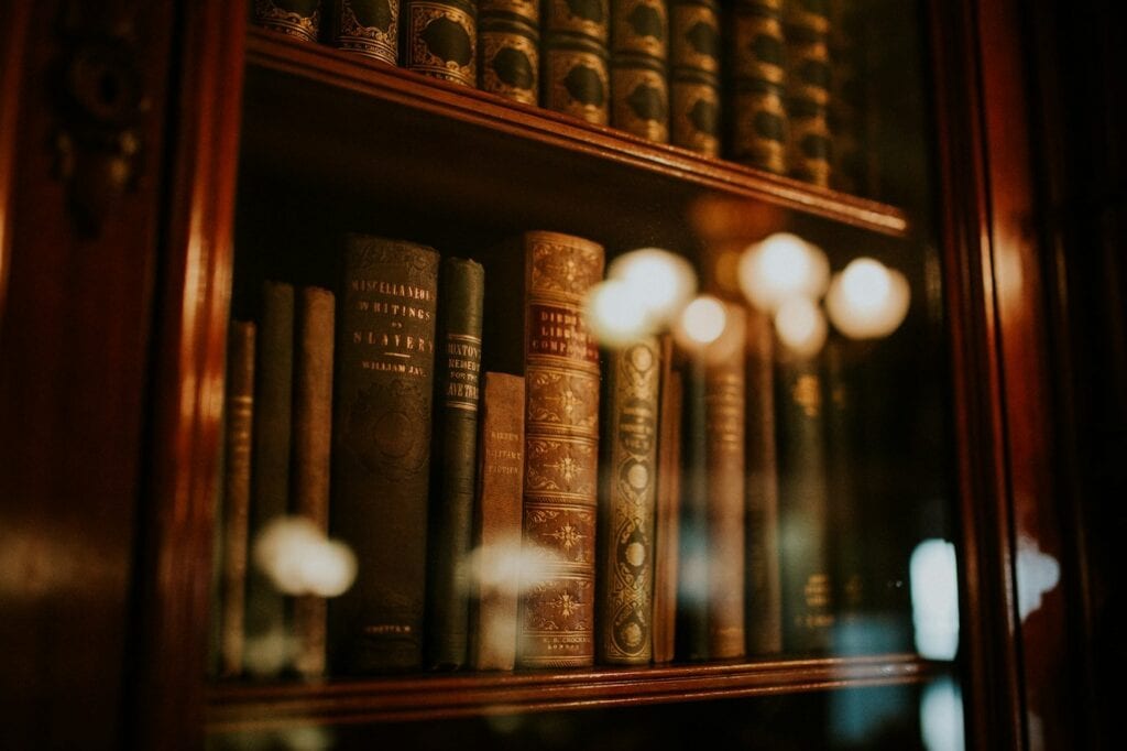 Law books in a glass bookcase at a law office