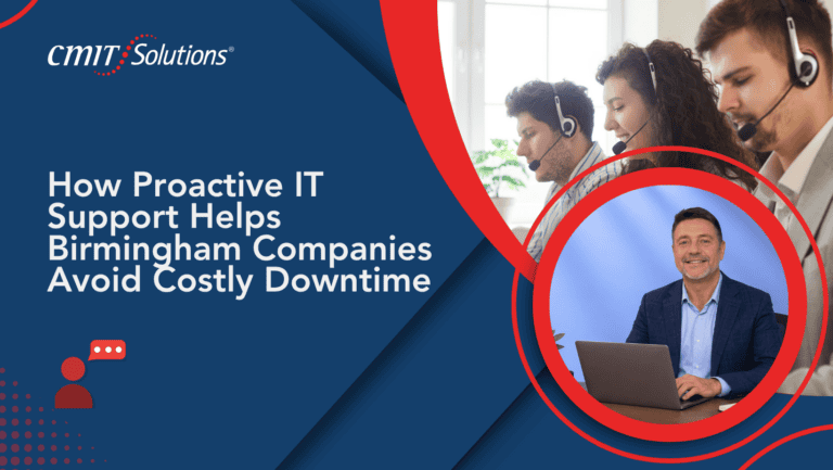 CMIT Solutions banner showing a three-person IT support team with headsets and the headline about proactive IT preventing downtime on a blue background with red circular accents.