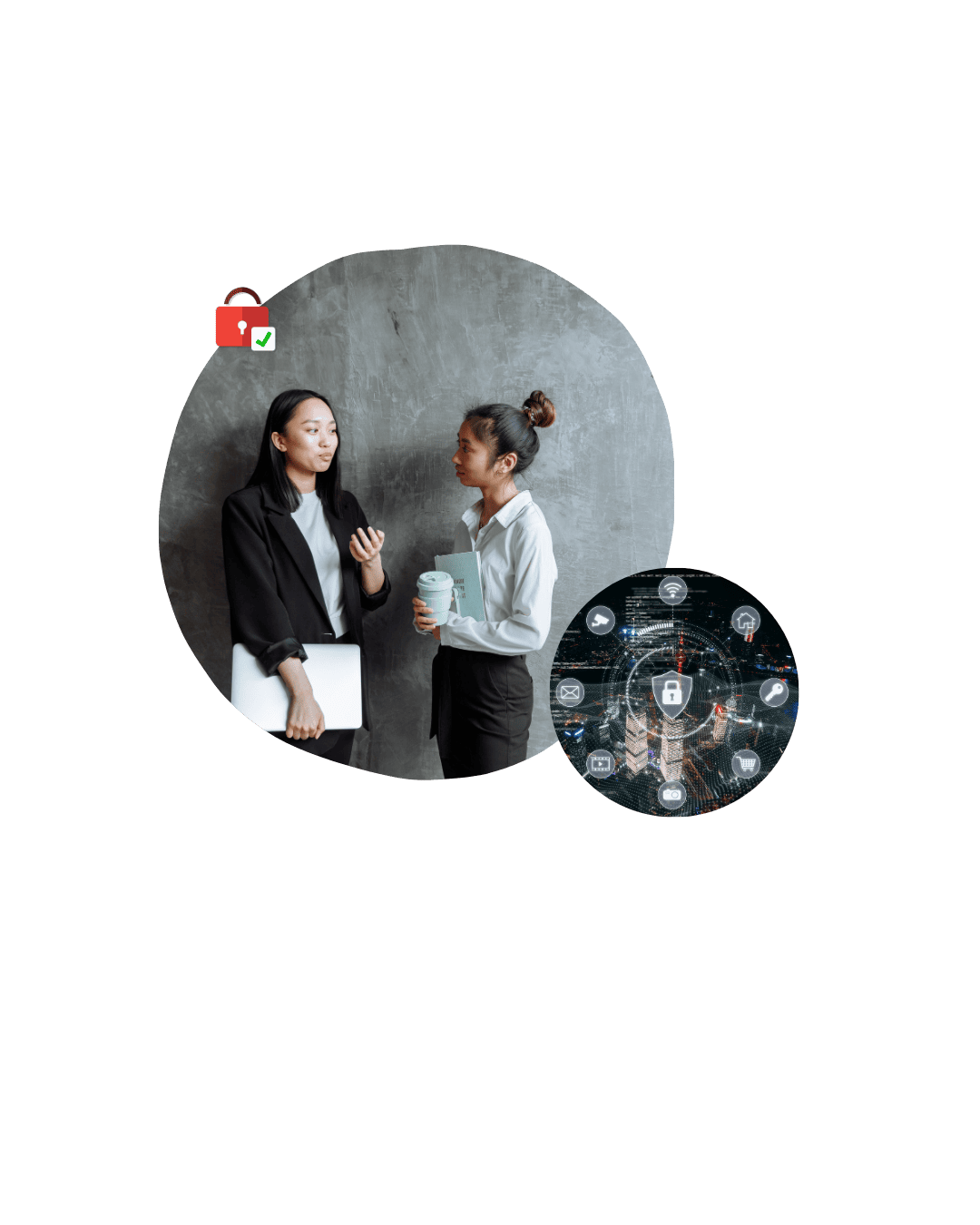 Two women in business attire converse against a gray textured wall, with a red padlock icon and a cybersecurity circle graphic nearby.
