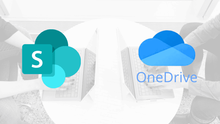 An image of two people using their laptop; one is using SharePoint, the other is using OneDrive.