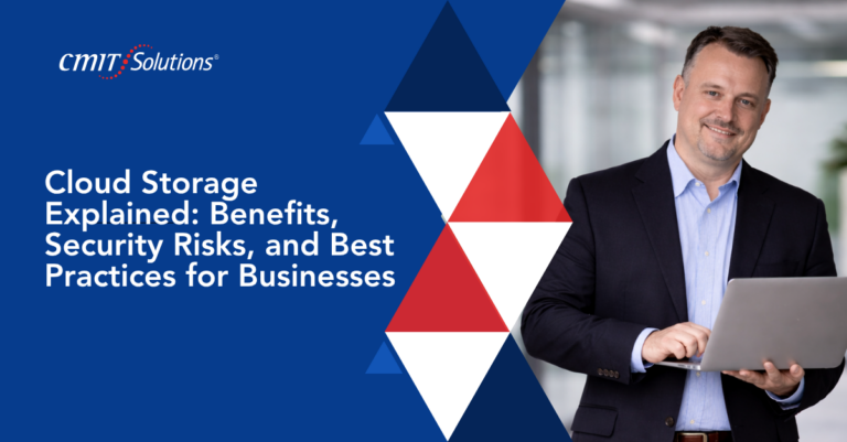 CMIT Solutions banner showing the article title: ‘Cloud Storage Explained: Benefits, Security Risks, and Best Practices for Businesses,’ with a man in a blazer holding a laptop on the right.