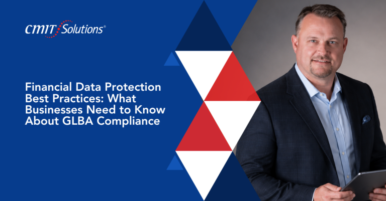 CMIT Solutions banner: title about GLBA compliance with a man in a blazer holding a tablet beside blue geometric triangles on a blue background.