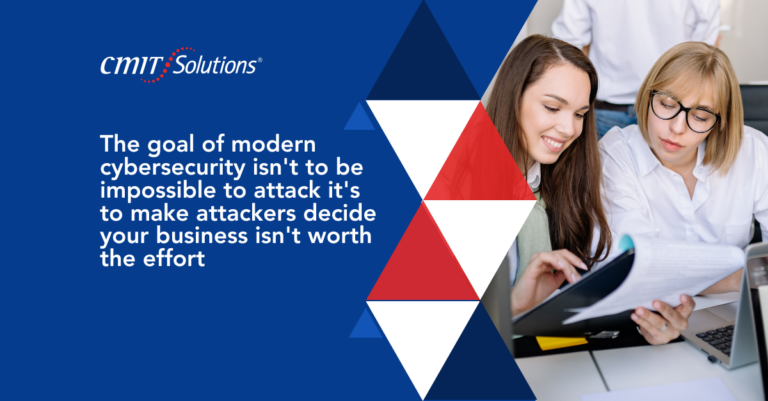 CMIT Solutions banner promoting cybersecurity: message about making attackers decide your business isn’t worth the effort, with geometric triangles and team in the background.