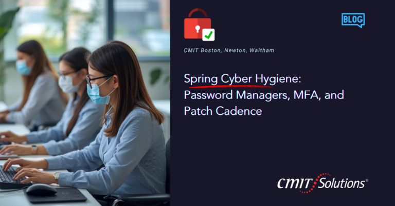 Office scene with people wearing masks working on laptops beside a dark blue blog hero panel titled 'Spring Cyber Hygiene' with CMIT Solutions logo.