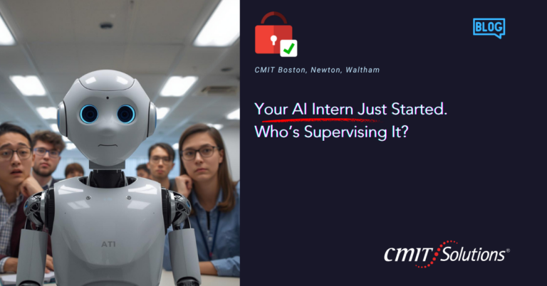 Robot intern in the foreground with a diverse group of people behind, and a dark panel displaying the title: 'Your AI Intern Just Started. Who's Supervising It?'
