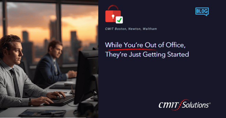 Two office workers at computers with a city sunset background and a dark banner featuring a lock icon and the blog title for CMIT Solutions: 'While You’re Out of Office, They’re Just Getting Started'