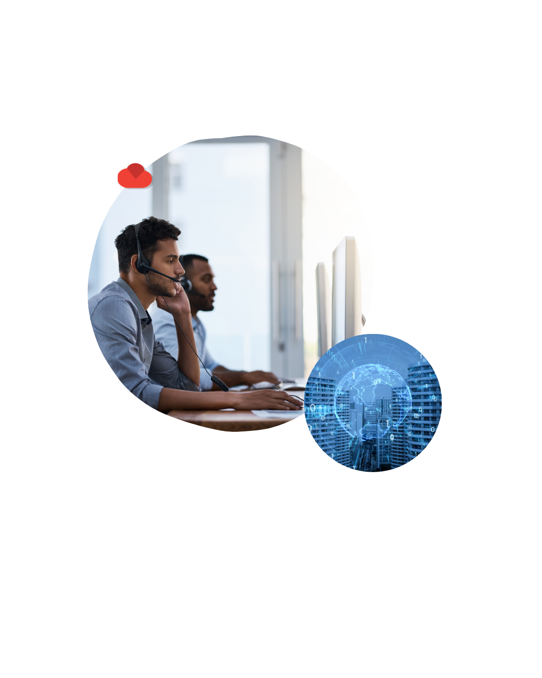 Two call-center agents wearing headsets sit at computer desks in a bright office; blue globe overlay bottom-right.