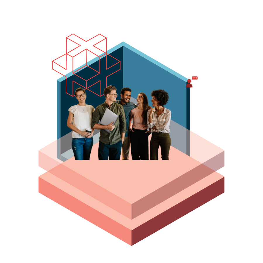 Diverse team of five smiling coworkers inside a glass-walled meeting space atop stacked peach platforms, symbolizing collaboration.