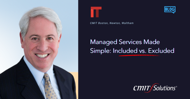 Smiling businessman in a suit on the left; right side shows the title “Managed Services Made Simple: Included vs. Excluded” with CMIT Solutions logo, for a blog hero image.