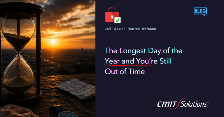 Hero banner: an hourglass on a wooden table at sunset over a city, with a dark panel on the right showing the CMIT Solutions logos and the title 'The Longest Day of the Year and You're Still Out of Time'