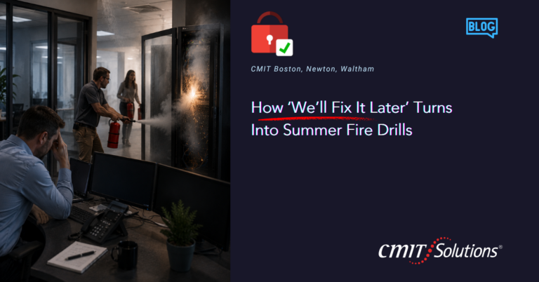 Office scene of a fire drill: a man uses a fire extinguisher in a server-room hallway while colleagues observe, next to a dark blue blog banner with CMIT Solutions branding and the title about summer fire drills.