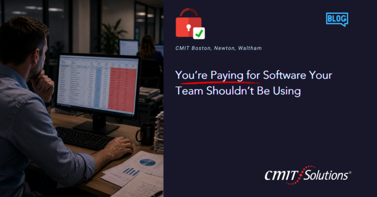 Split-view blog header: left shows a man at a desk looking at a spreadsheet on a monitor, right panel contains the title 'You’re Paying for Software Your Team Shouldn’t Be Using' with CMIT Solutions branding and lock icon.