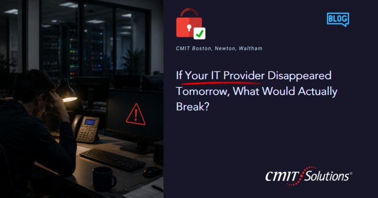 Left: a man in a dim server room at a desk, looking stressed as the monitor shows a red warning symbol; right: navy panel with the article title and CMIT Solutions logos, indicating a tech-risk blog hero