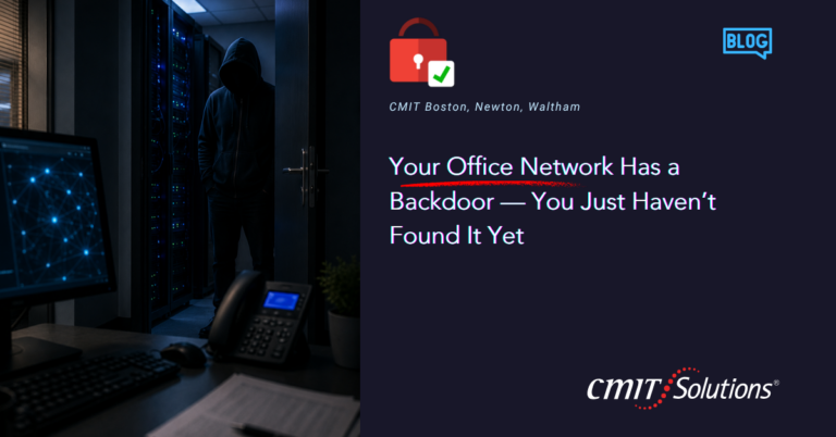 Blog hero: dim server room with a hooded figure near racks on the left, title reads 'Your Office Network Has a Backdoor — You Just Haven't Found It Yet'.