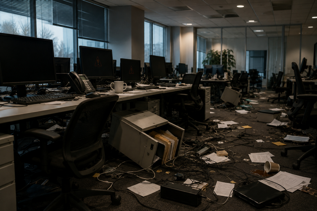 Open-plan office in chaos: desks with multiple monitors showing warning icons, scattered papers, and tangled cables across the floor.