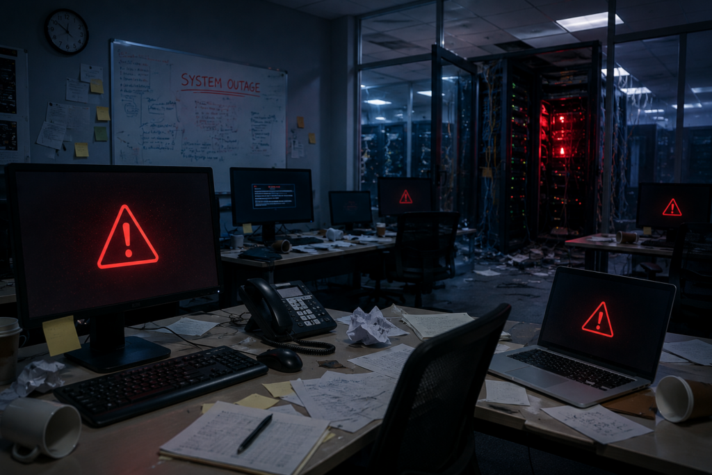 Dark IT operations room showing multiple monitors with red warning triangles and a whiteboard labeled 'SYSTEM OUTAGE', stacks of cables and server racks in the background, and cluttered desks with papers.