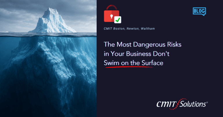Iceberg visible above and below water on left; on dark right panel, blog title reads 'The Most Dangerous Risks in Your Business Don't Swim on the Surface' with CMIT Solutions logo below and a small 'BLOG' badge in the corner.