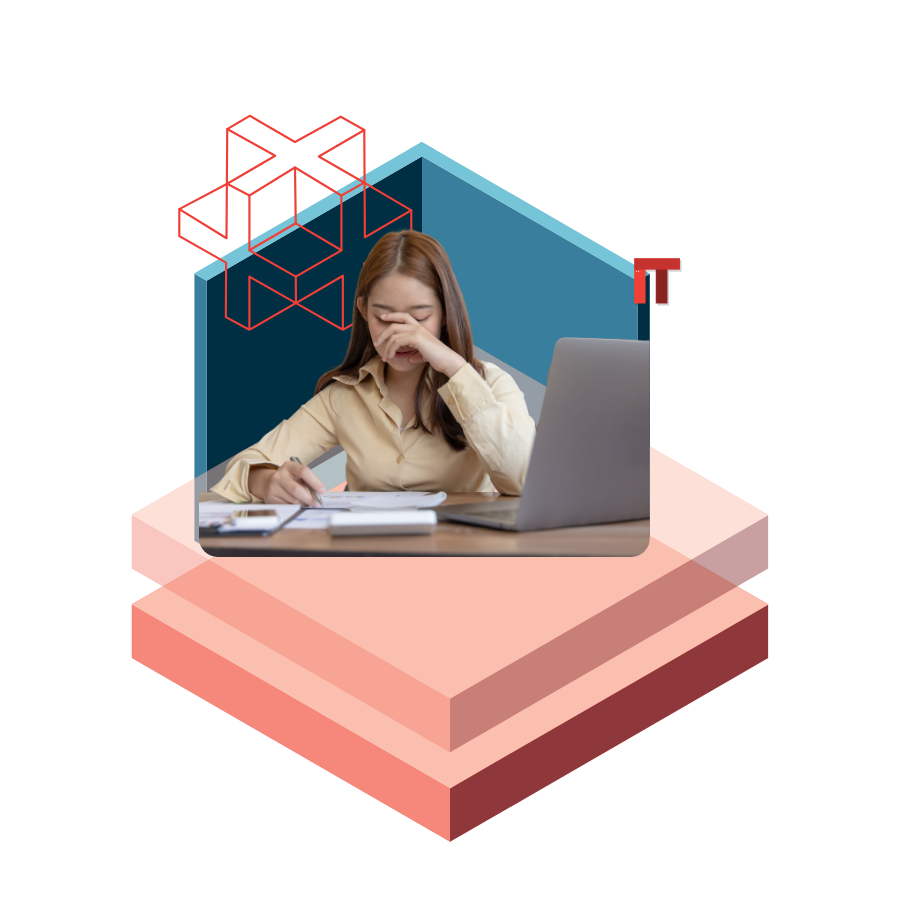 Woman working at a laptop and taking notes, with abstract geometric shapes and 'IT' motif in the background to convey tech work.