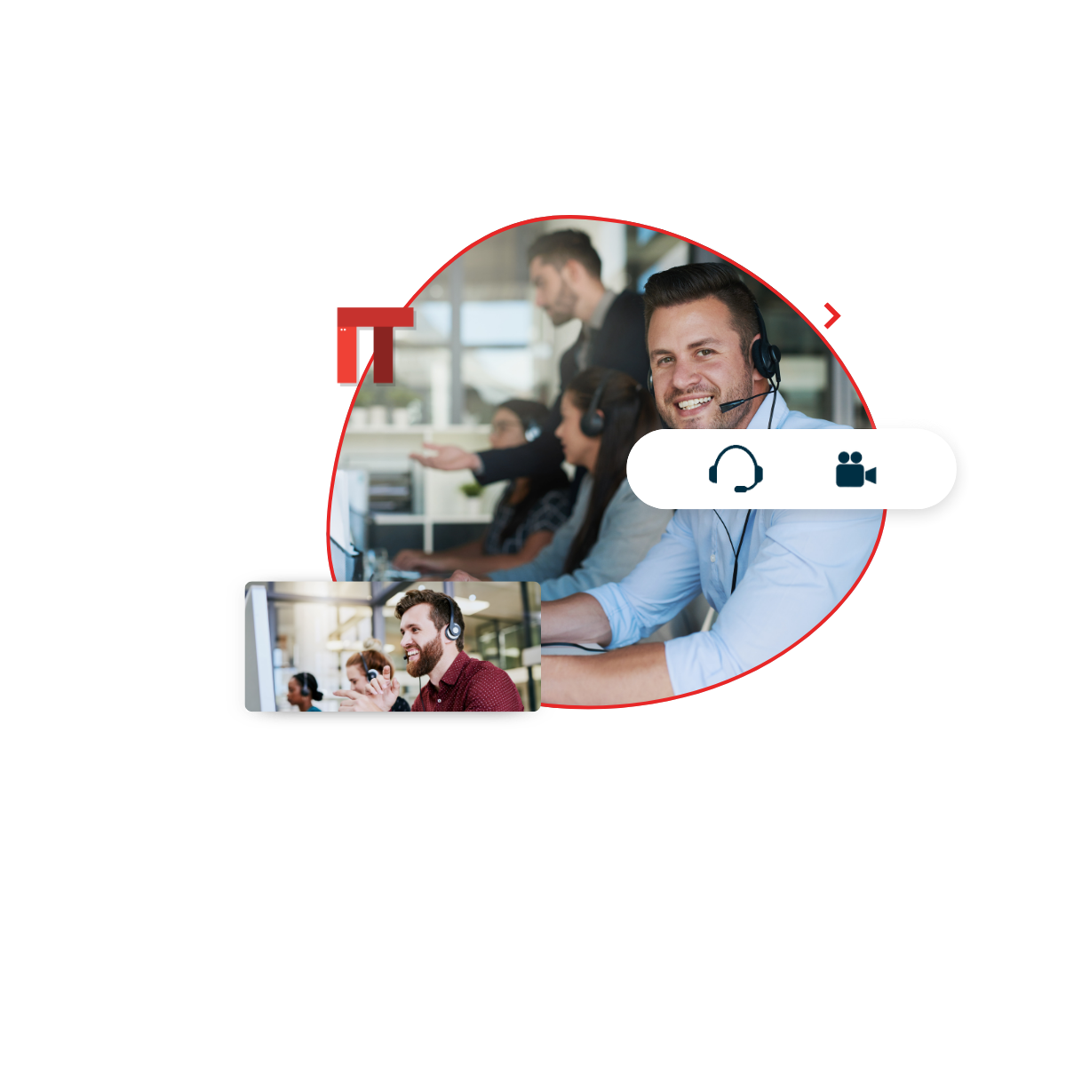 Support agents with headsets in a call center, with a circular red frame and a white rounded control bar showing headset and video icons.