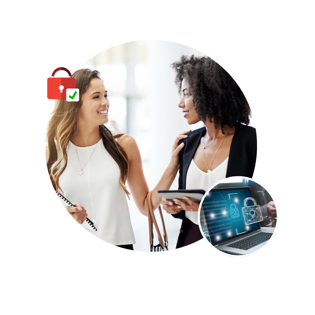 Two businesswomen smile and chat, with a cybersecurity graphic of a laptop and padlocks shown in a small circle overlay.