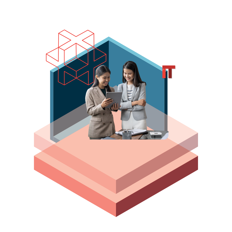Two professional women examine a tablet together on a stylized, multi-layered platform with IT motif and geometric shapes in the background.