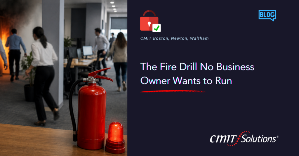 Office lobby with a red fire extinguisher in the foreground and coworkers in the background, next to a navy blog hero area showing the title 'The Fire Drill No Business Owner Wants to Run'.