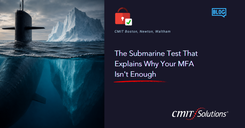 Submarine underwater beside icebergs with a dark right panel showing blog branding and a title about MFA security.